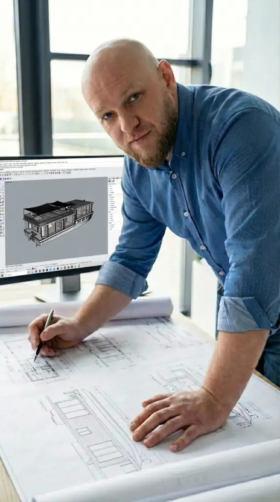 Andrej Dornhof, zertifizierter Bootsgutachter und Metallbaumeister, bei der Hausboot-Konstruktion mit technischen Bauplänen- Hausboot kaufen vom Spezialisten