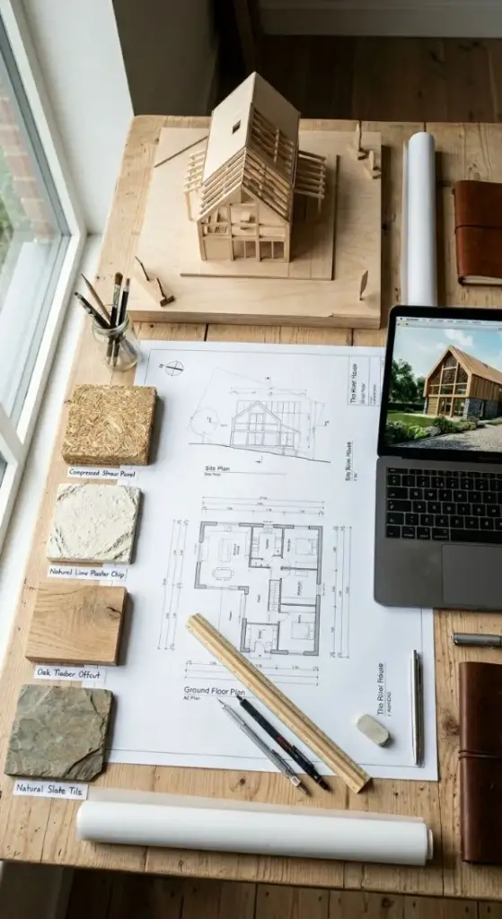 Architektentisch mit Grundrisszeichnung, Materialproben aus Holz, Stroh und Kalk sowie 3D-Rendering auf dem Laptop