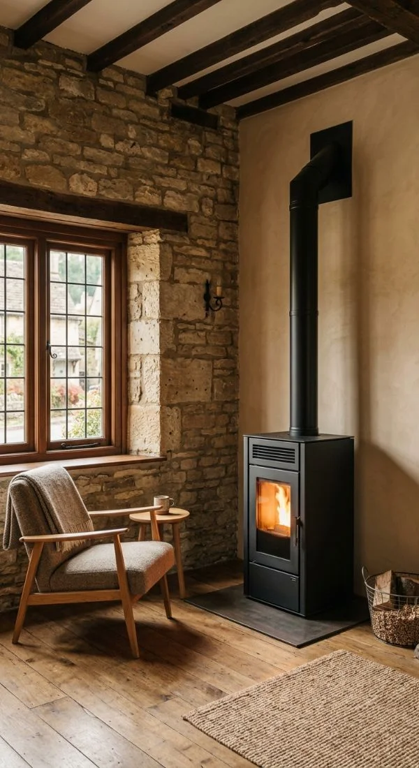 Sanierter Innenraum mit Natursteinwand, Kalkputz und modernem Pelletofen in einem historischen Gebäude