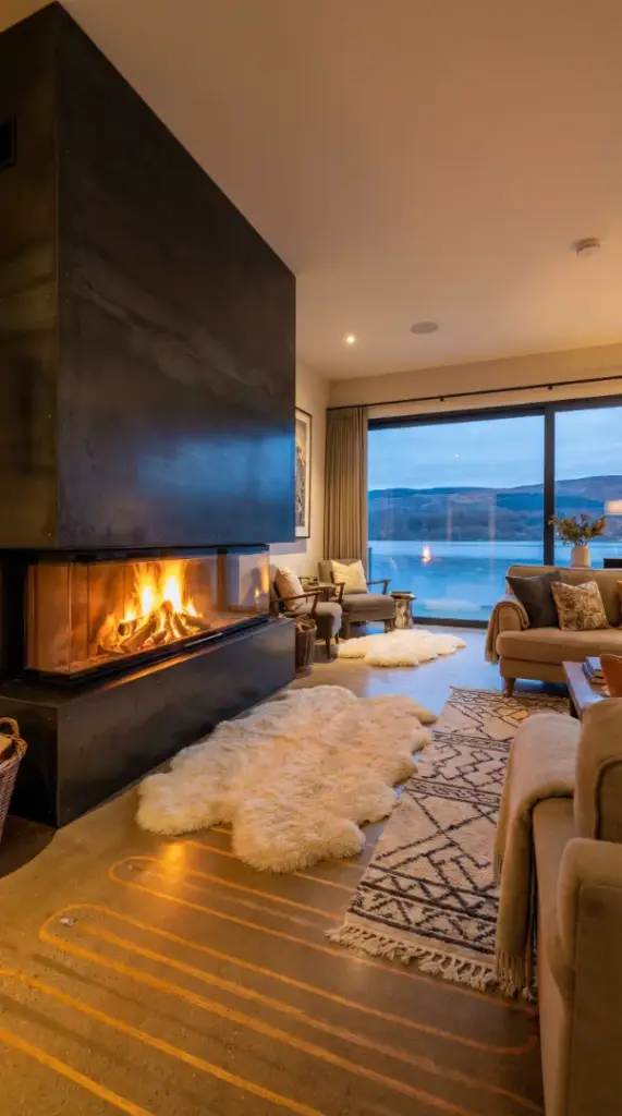 Moderner Kaminofen und Fußbodenheizung im Wohnbereich einer AD-BASE Hausyacht.