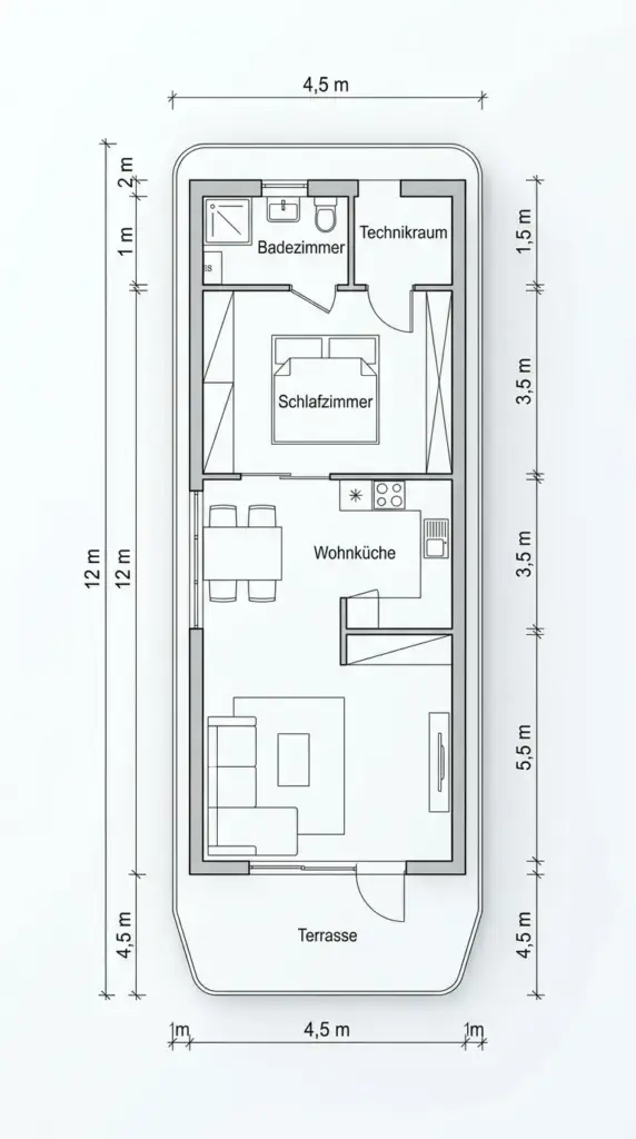Architektonische Grundriss-Zeichnung eines 12 x 4,5 Meter Hausboots mit Wohnbereich, Schlafzimmer, Bad und Technikraum