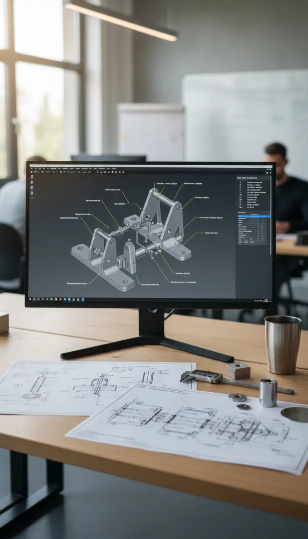 3D-CAD Konstruktion eines Hausboot-Antriebs mit technischen Zeichnungen