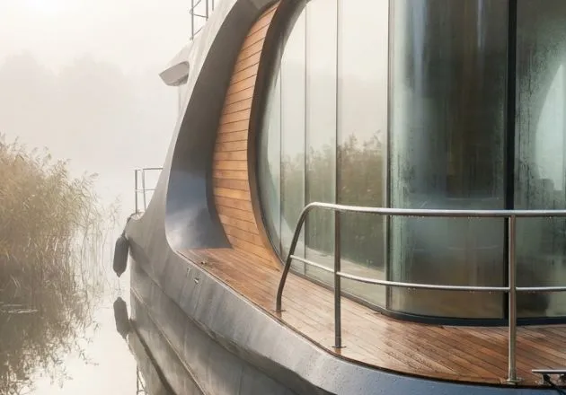 Hausboot individuell bauen lassen: Individuelle Planung einer futuristischen Hausyacht aus anthrazitfarbenem Stahl und Zedernholz an einem nebligen See.