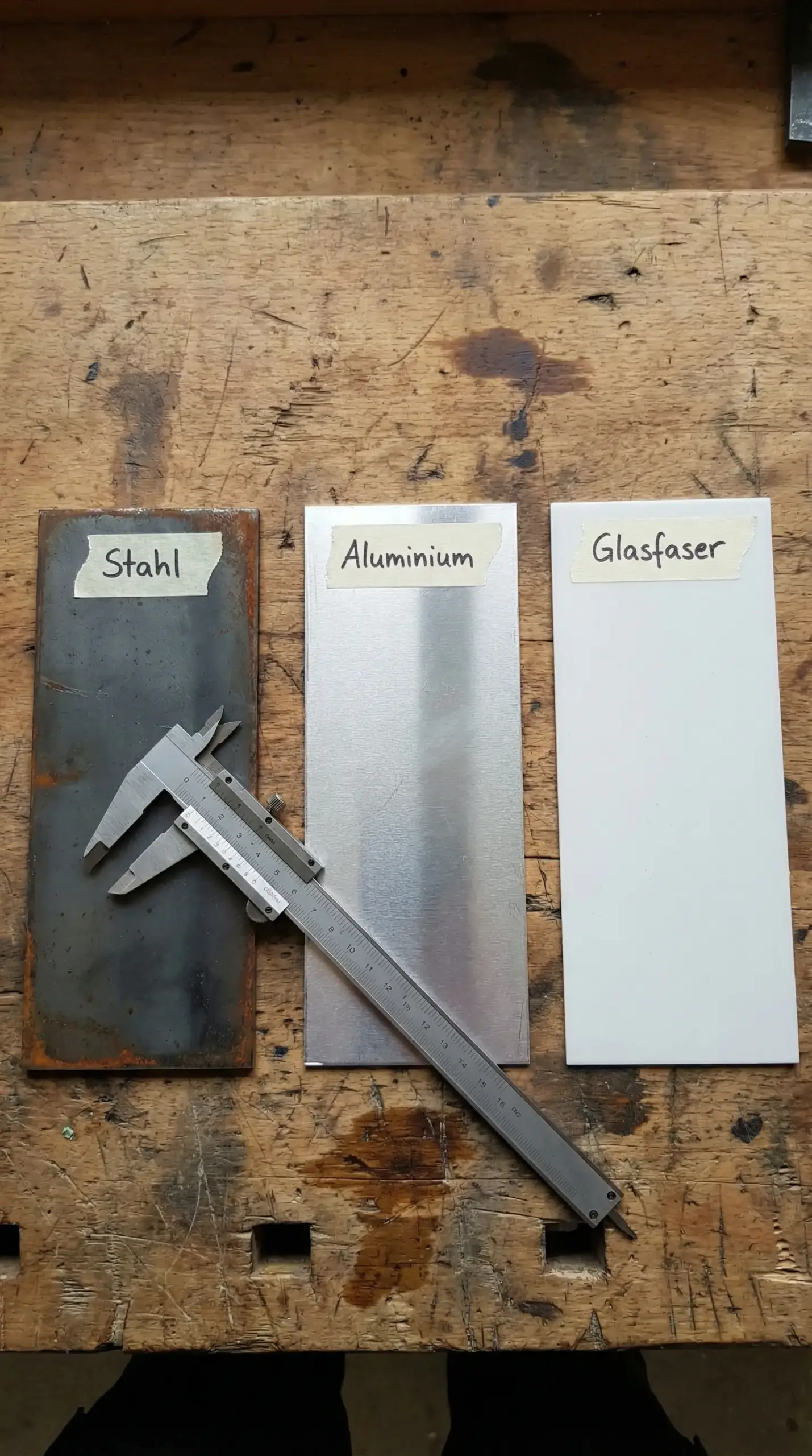 Materialvergleich für Hausboot-Bau: Stahlplatte, Aluminiumblech und Glasfaserplatte mit Messschieber auf Werkbank