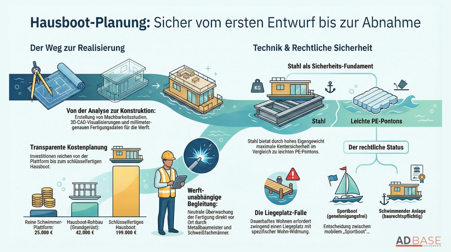 Auf der Infografik sieht man den Prozess von der Planung eines Hausboots. Von der Ersten Skizze bis zur Wasserung.