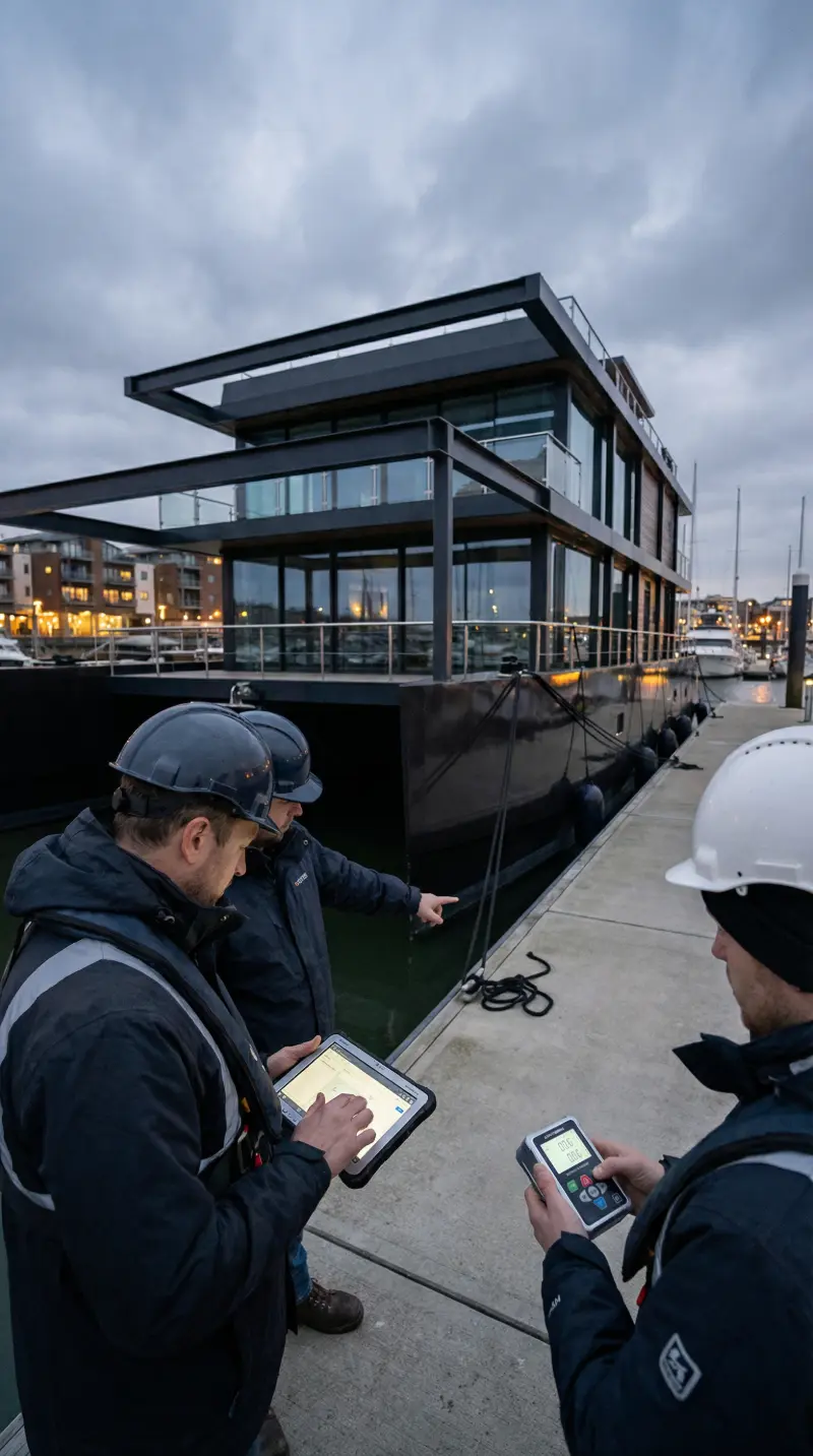 Hausboot Stabilität berechnen: Unser Experten-Team bei der technischen Abnahme und Validierung der Wasserlage einer Hausyacht.