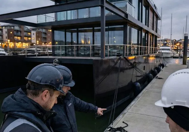 Hausboot Stabilität berechnen: Unser Experten-Team bei der technischen Abnahme und Validierung der Wasserlage einer Hausyacht.