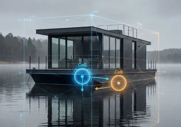 Hausboot Stabilität berechnen: Analyse der physikalischen Faktoren wie Massenschwerpunkt und Auftrieb bei einer AD-BASE Hausyacht.