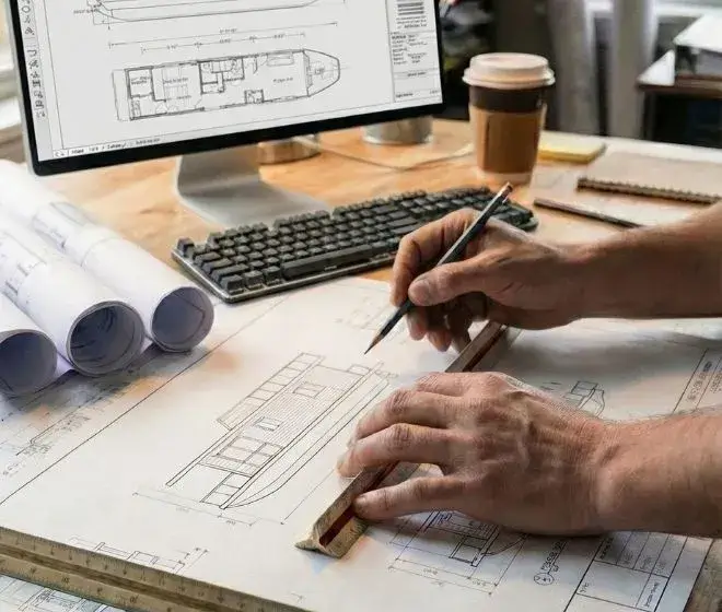 Technische Hausboot-Planung: CAD-Konstruktionszeichnungen und Berechnungen von AD-BASE