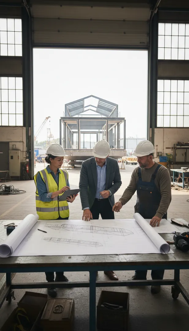 Baubesprechung zwischen AD-BASE Bauleiter, Werft und Bauherr