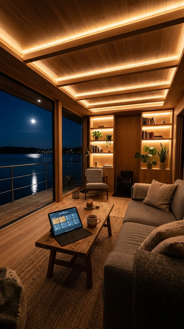 Hausboot-Wohnraum bei Nacht mit indirekter RGB-LED-Beleuchtung und Smarthome-Steuerung
