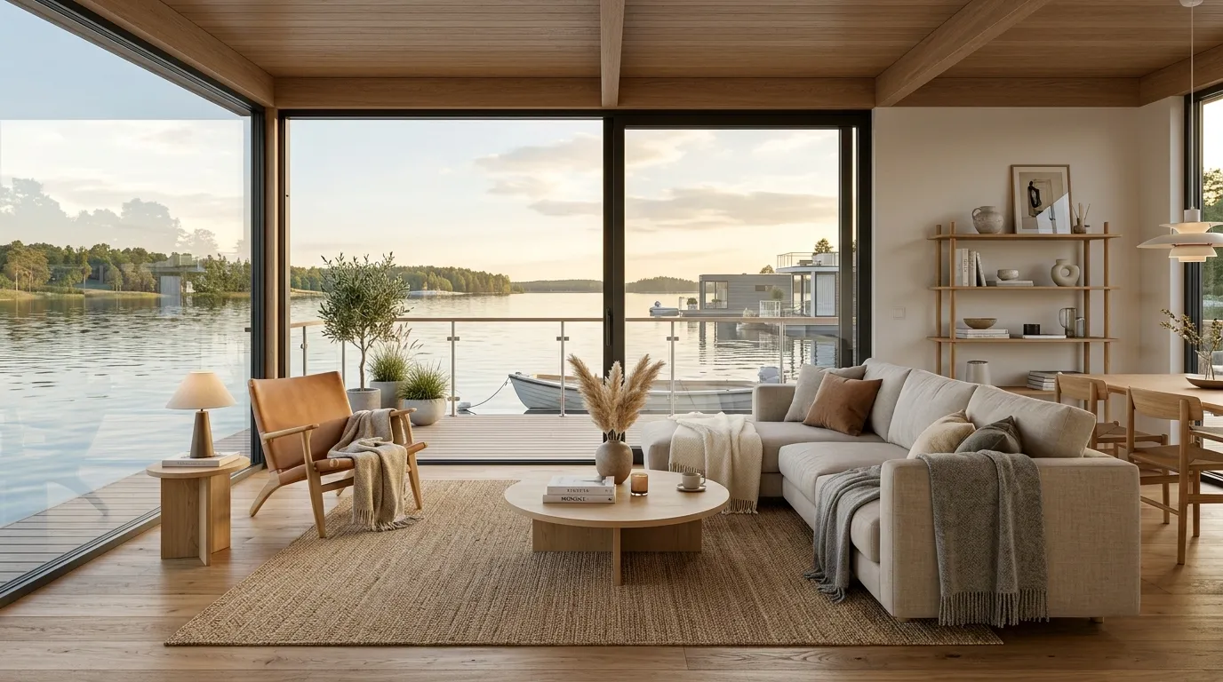 3D-Visualisierung eines modernen Hausboot-Interieurs mit Panoramafenstern und Wasserblick