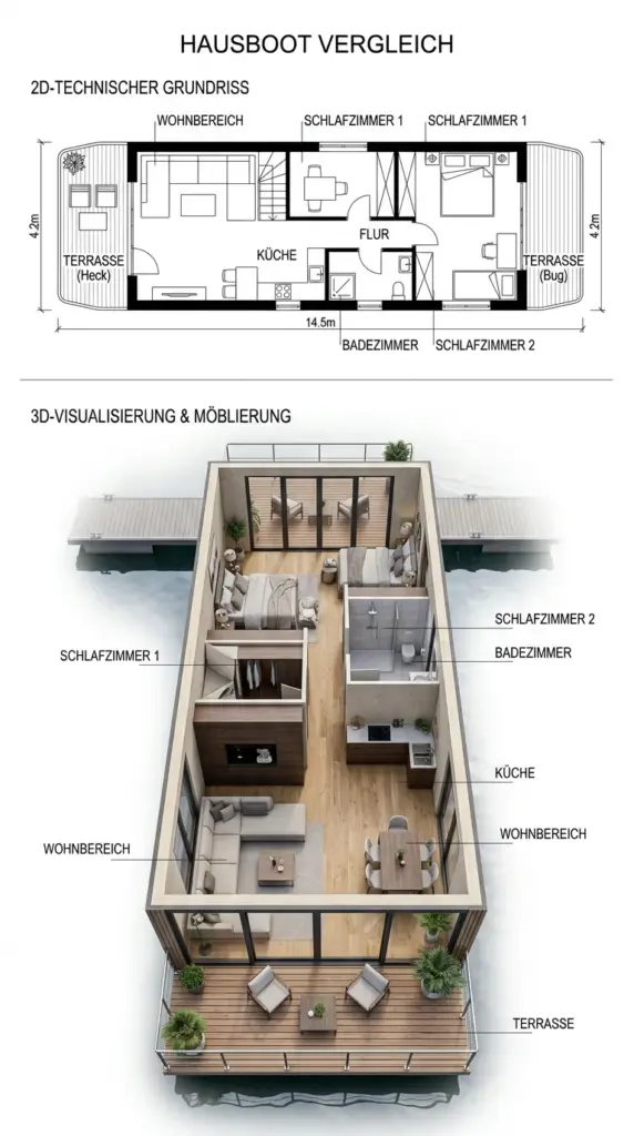 Interieur-Rendering eines Hausboot-Wohnbereichs mit Eichenholzboden und Glasfront zum Wasser