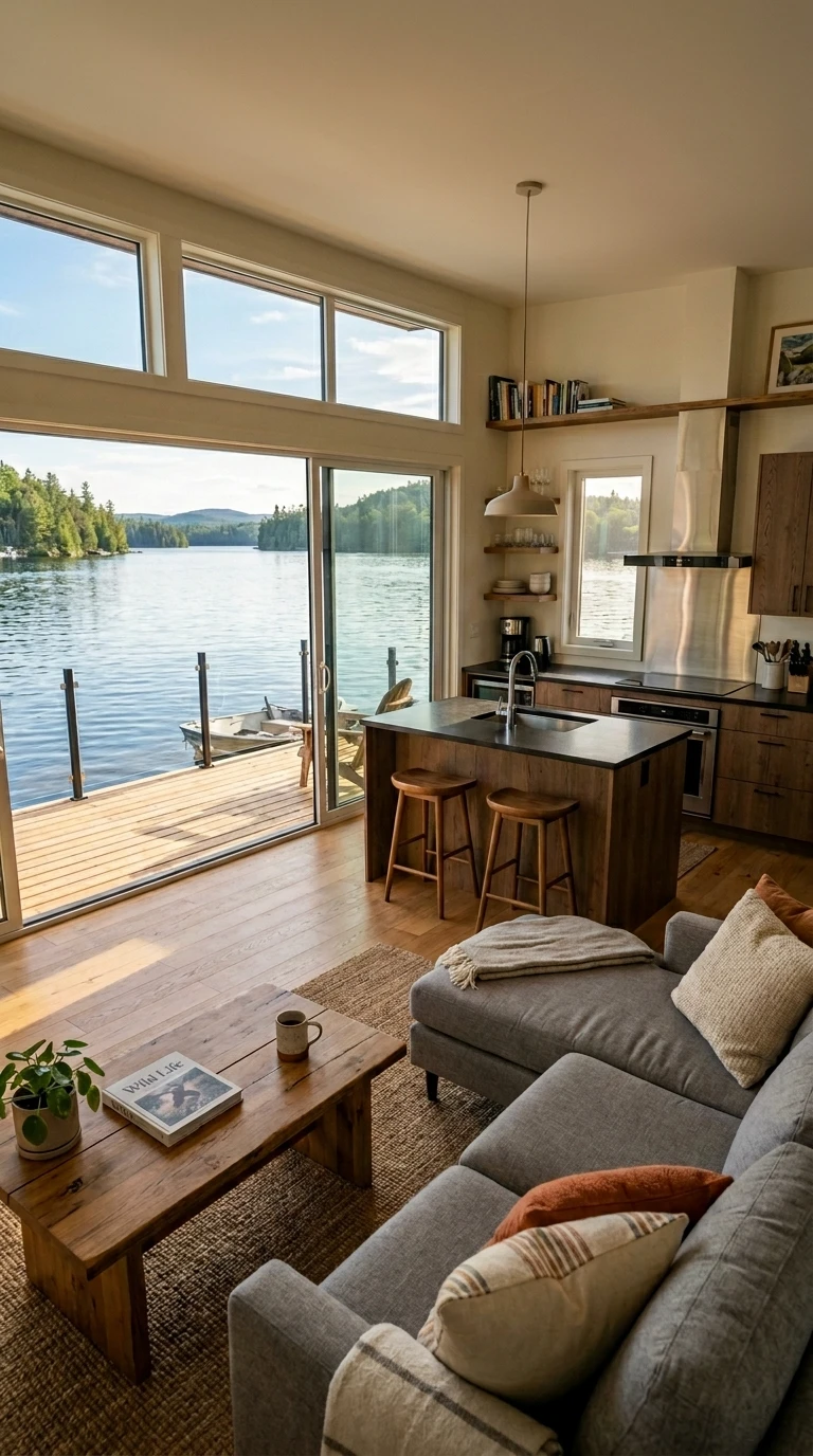 Interieur-Rendering eines Hausboot-Wohnbereichs mit Eichenholzboden und Glasfront zum Wasser