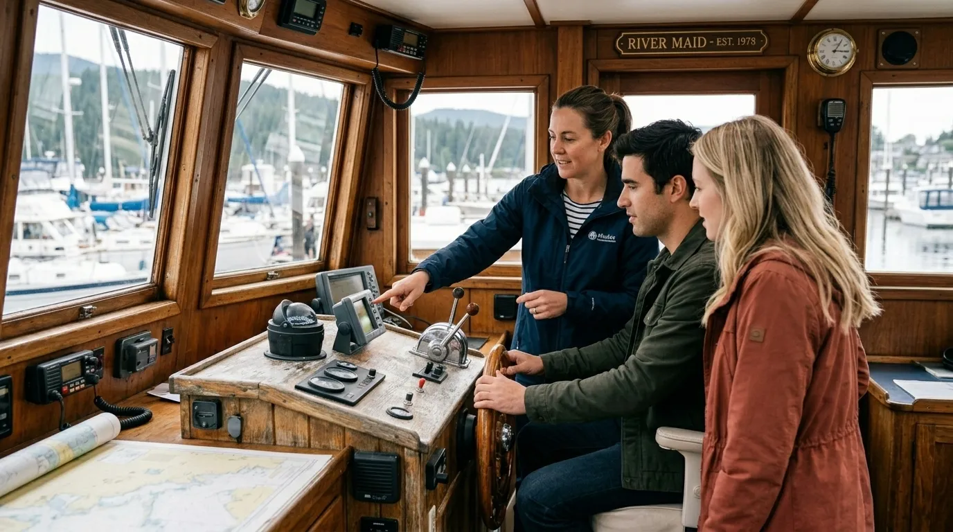 Einweisung in die Hausboot-Technik vor der Abfahrt — die 3-Stunden-Schulung macht Einsteiger fit
