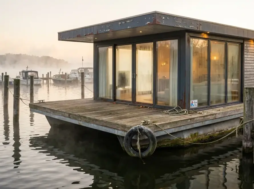 Gebrauchtes Stahlhausboot an Marina in Brandenburg mit sichtbaren Gebrauchsspuren
