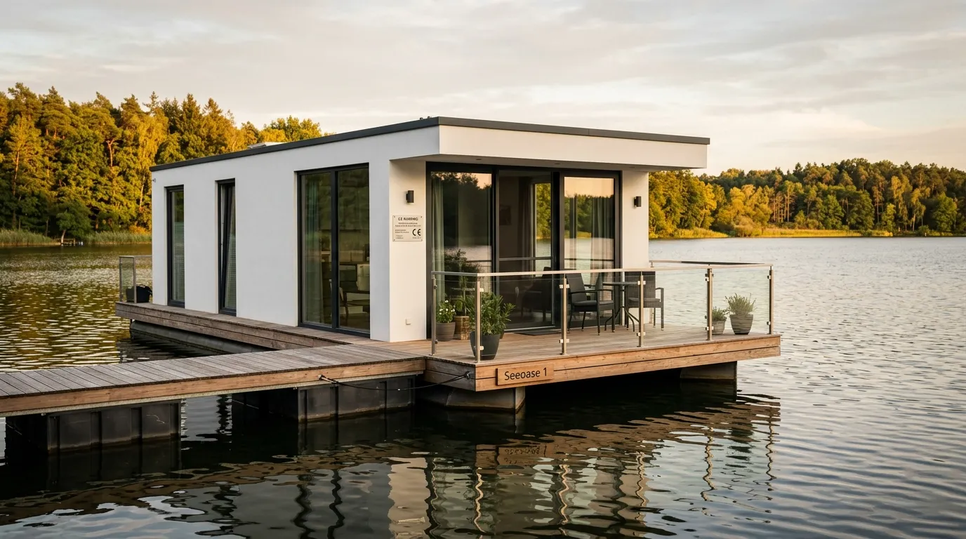 Modernes Hausboot mit CE-Zertifizierungsplakette an der Außenwand am Steg