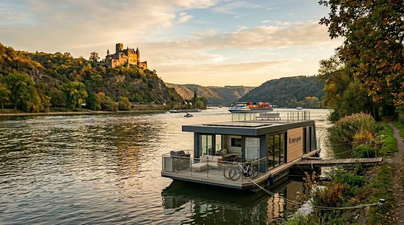 Gemütliches Hausboot am Rheinufer mit historischer Burg im Hintergrund