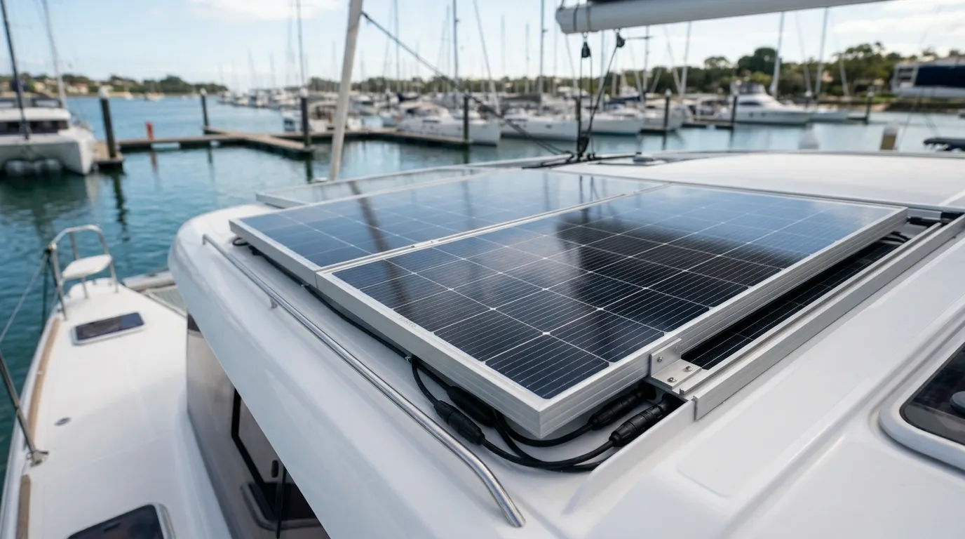 Hochleistungs-Photovoltaik-Module auf dem Dach eines Hausboots