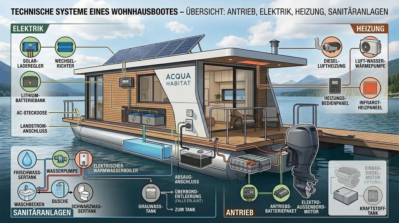 Infografik zur Technik auf einem Hausboot zum Blogbeitrag: Was kostet ein Hausboot?
