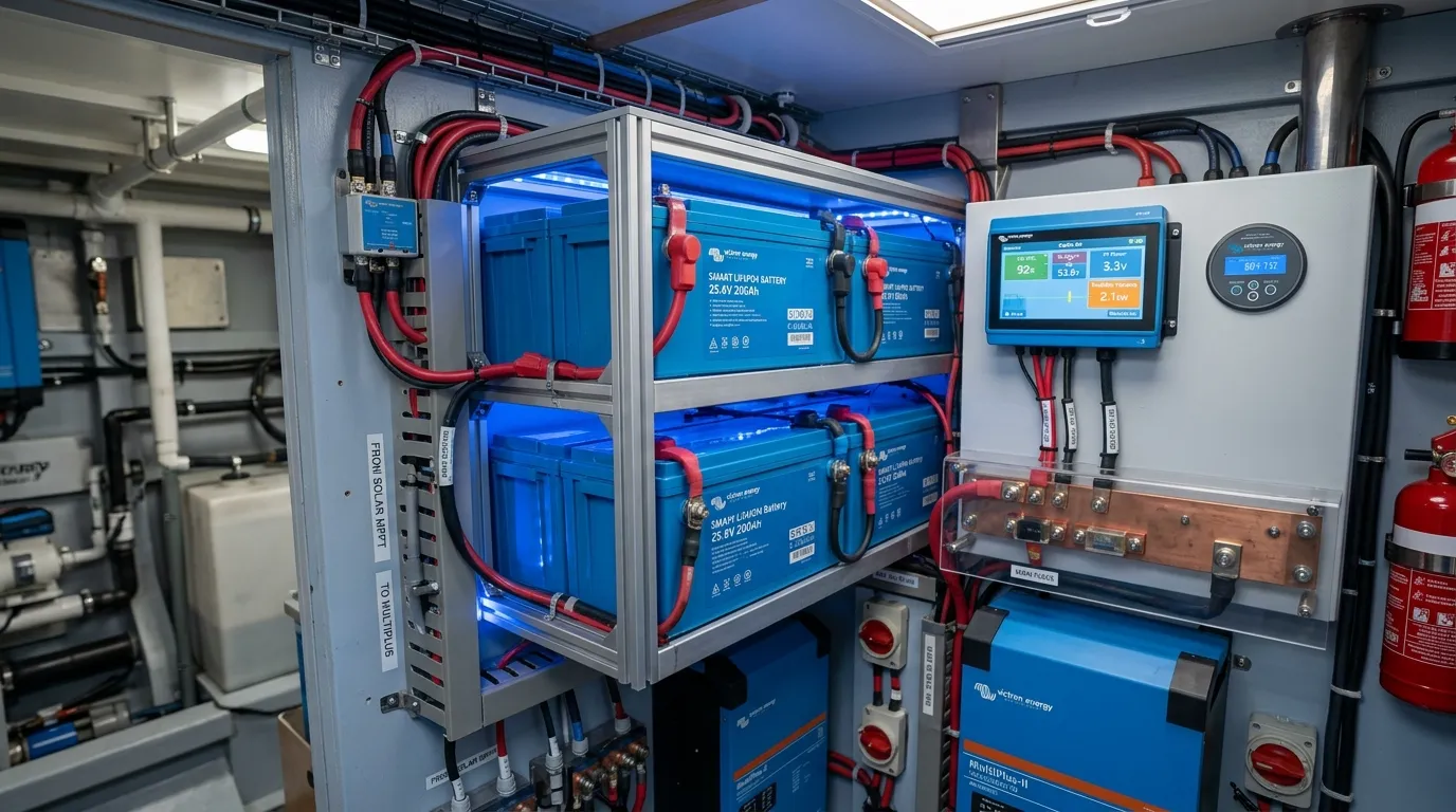 Professionell installierte Lithium-Batterie-Bank im Technikraum eines Solar-Hausboots