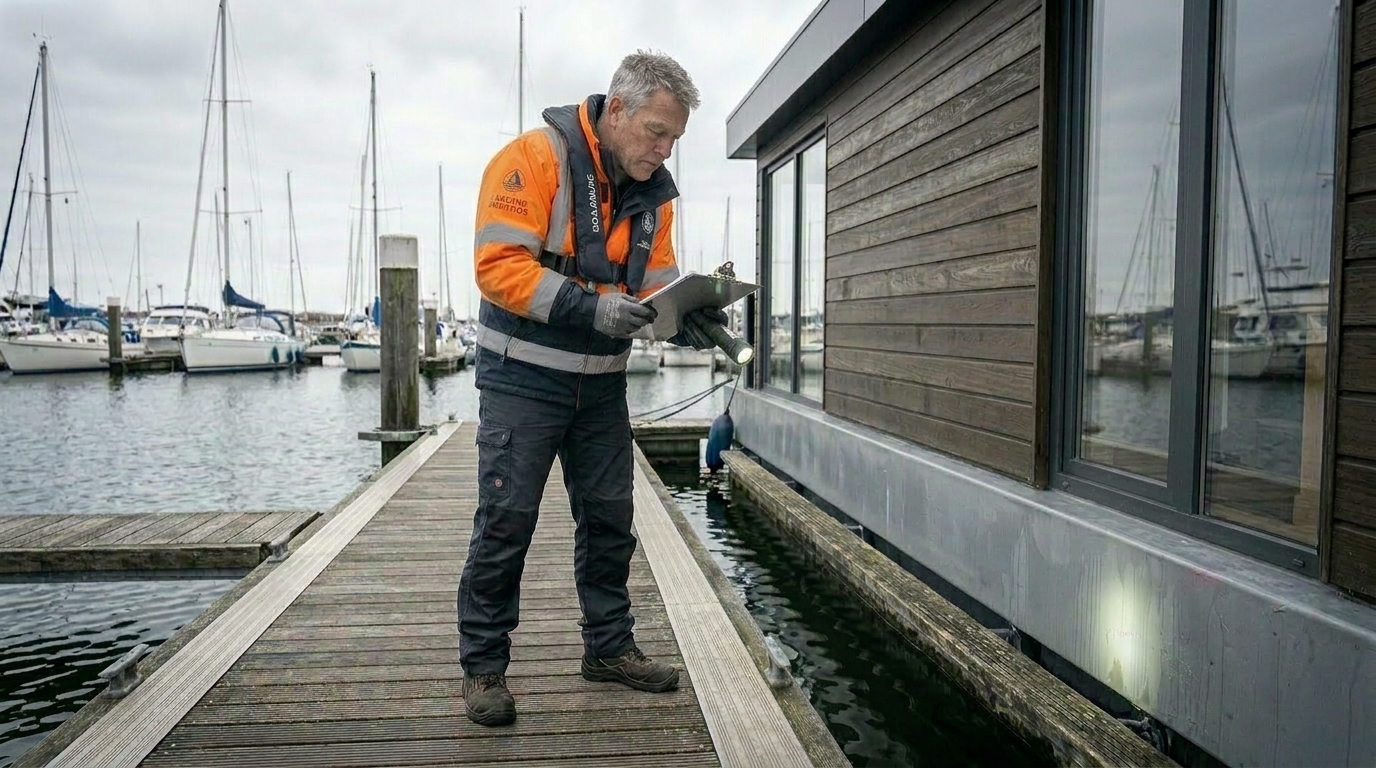 Sachverständiger bei der Begutachtung eines Hausboots im Hafen — Prüfung des Rumpfes auf Schäden