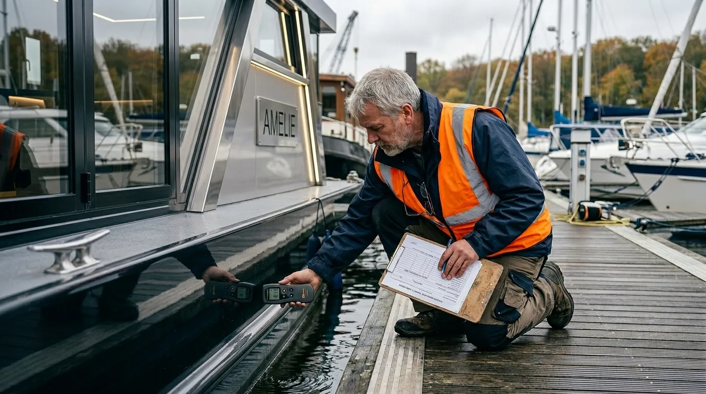 Sachverständiger prüft mit Feuchtigkeitsmessgerät die Stahlhülle eines Hausboots im Hafen