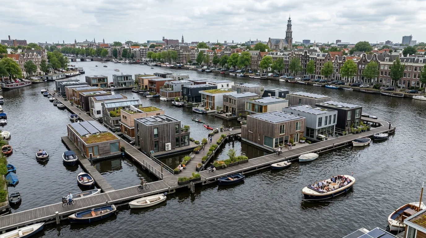 Luftbild der schwimmenden Nachbarschaft Schoonschip in Amsterdam mit Solarpanelen und Gemeinschaftsgärten