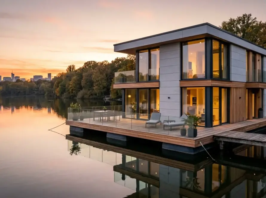 Moderne schwimmende Architektur mit Glasfront und Holzdeck auf ruhigem Kanal
