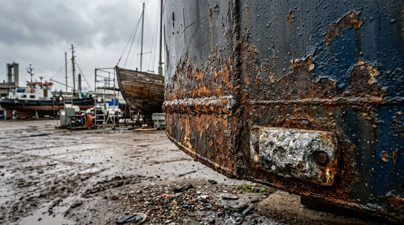Unterwasser-Rost an Stahlrumpf eines Hausbootes — typischer Mangel bei gebrauchten Booten