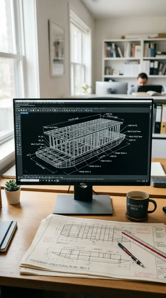 Rhino-3D-Konstruktion eines Stahlrumpfs auf dem Bildschirm – AD-BASE Arbeitsweise
