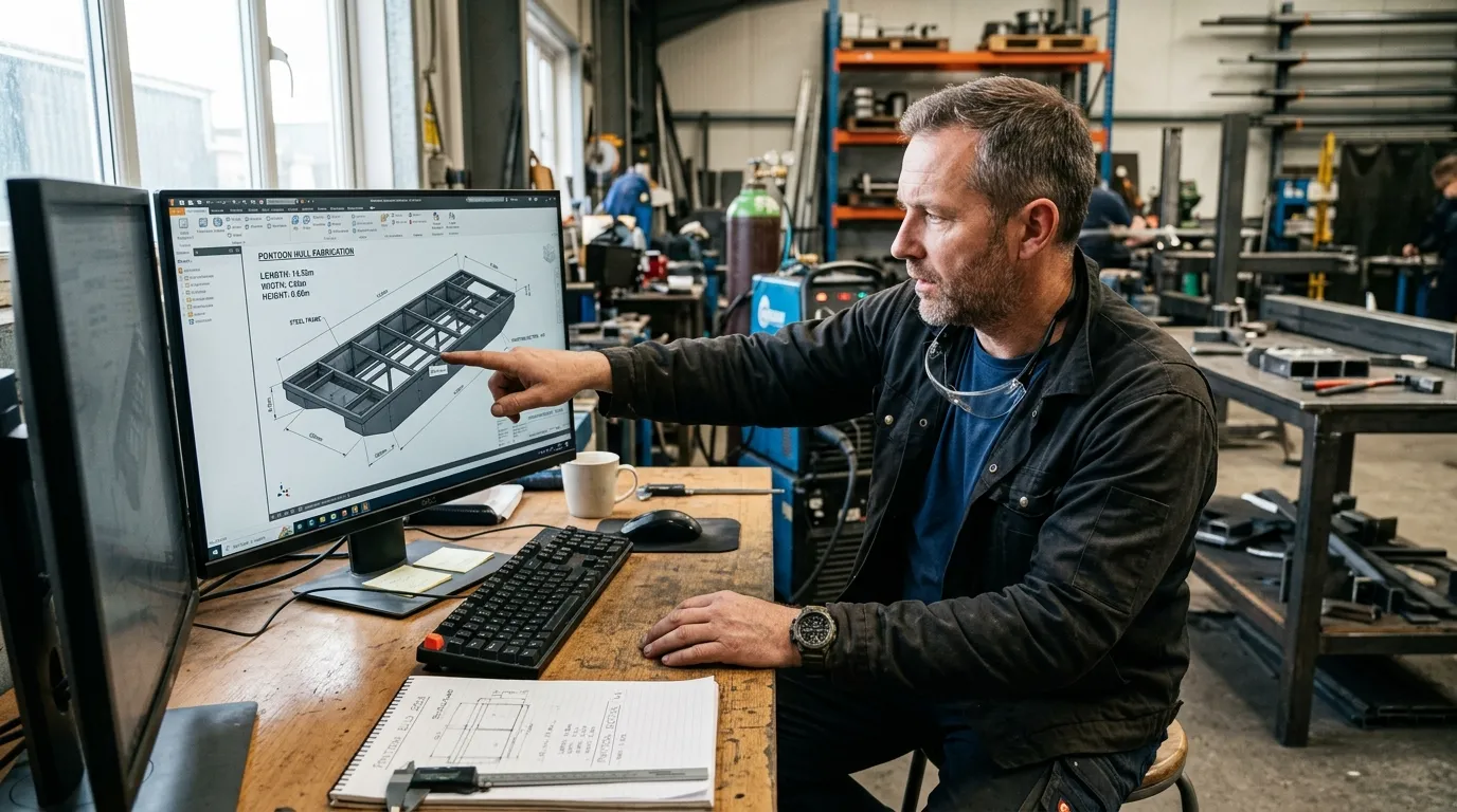 CAD-3D-Modell eines Hausboot-Schwimmkörpers auf dem Bildschirm im Planungsbüro