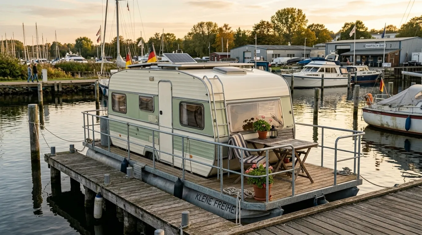 Selbstgebautes kleines Hausboot aus Wohnwagen-Aufbau an einem einfachen Holzsteg