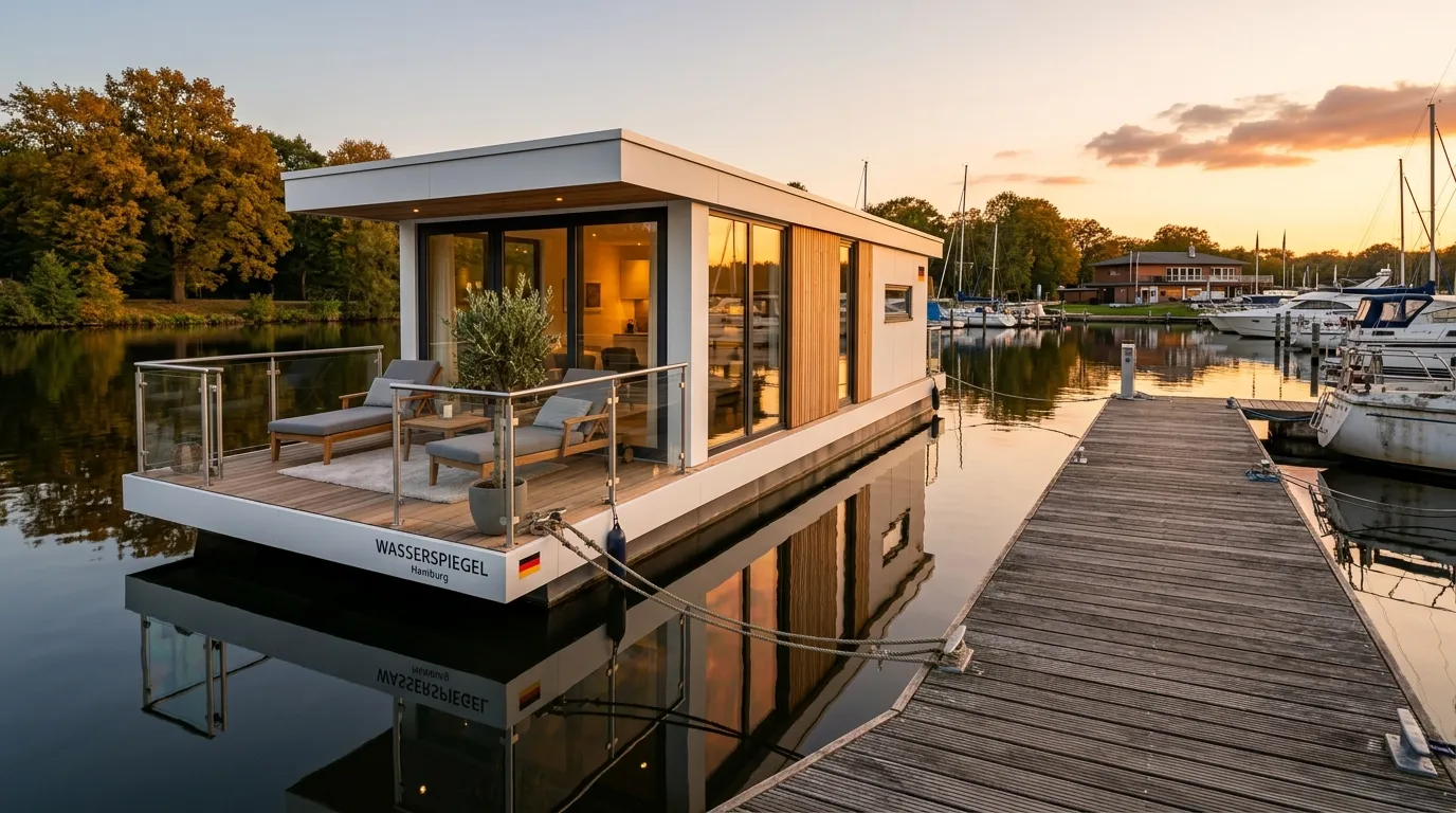 Fertiggestelltes modernes Hausboot mit Glasfront und Holzdeck an einem Steg im Sonnenuntergang