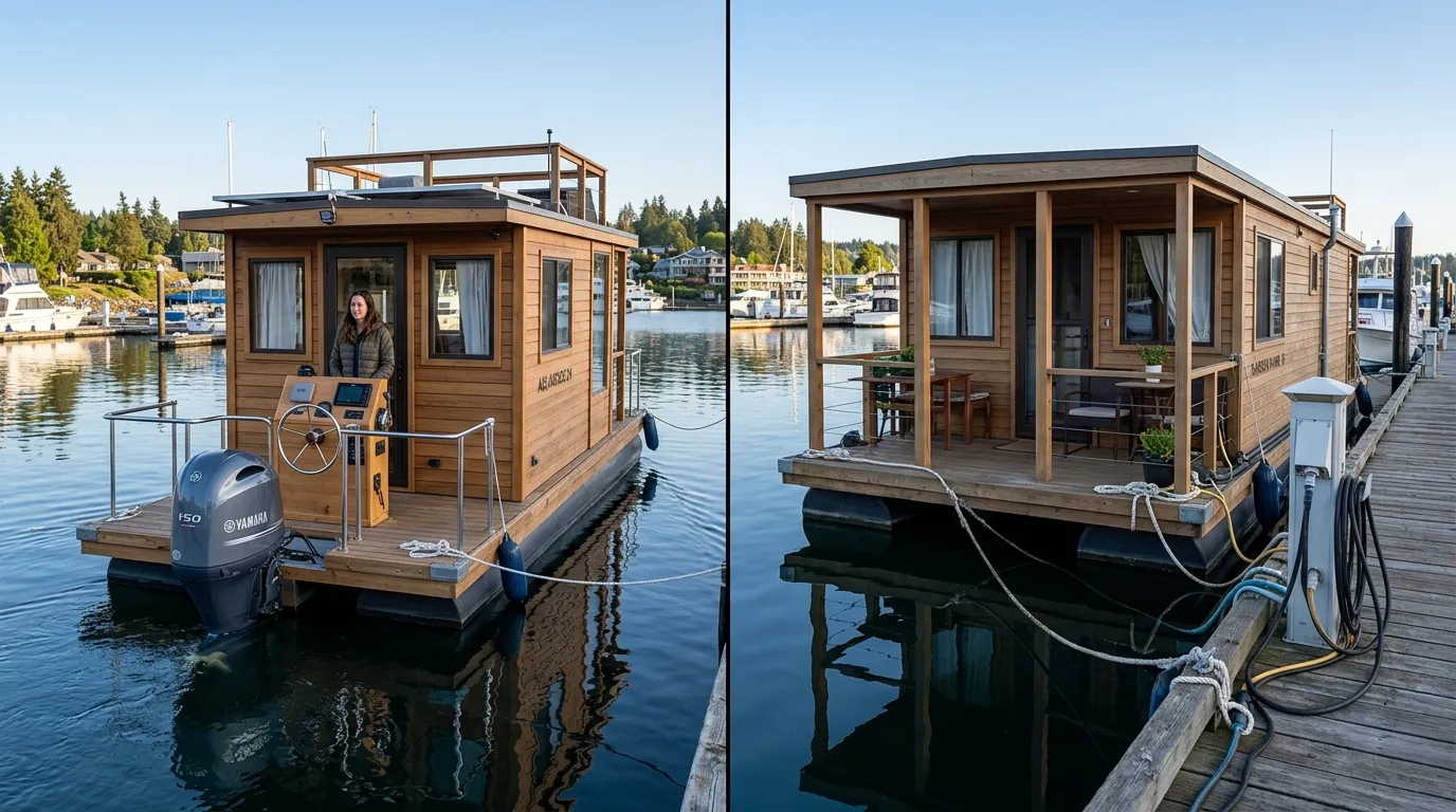 Links ein fahrbares Hausboot (genehmigungsfrei), rechts ein festliegendes schwimmendes Haus (baugenehmigungspflichtig)