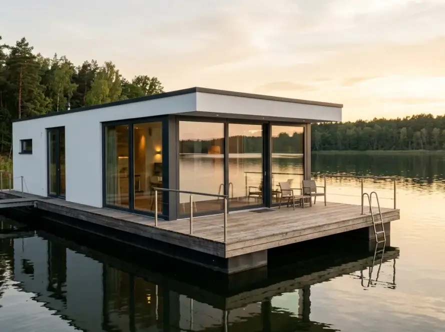 Modernes Hausboot mit Glasfront auf ruhigem See im Sonnenuntergang