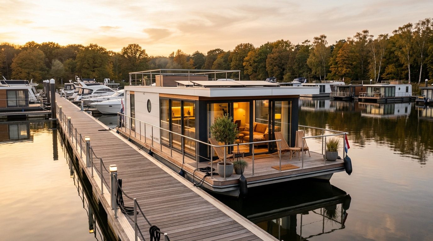  Modernes Hausboot mit Panoramablick an einem Holzsteg in Brandenburg