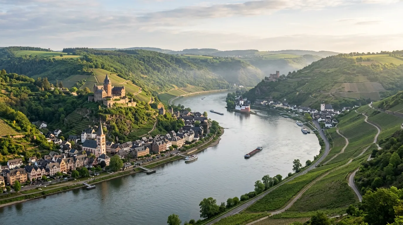 Panorama der Obermittelrhein-Landschaft mit Burgen und Weinbergen im Morgennebel