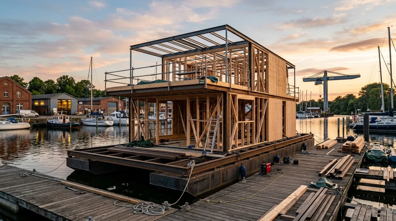 Hausboot im Bau auf einer deutschen Werft — Stahlpontons fertig, Aufbau noch offen