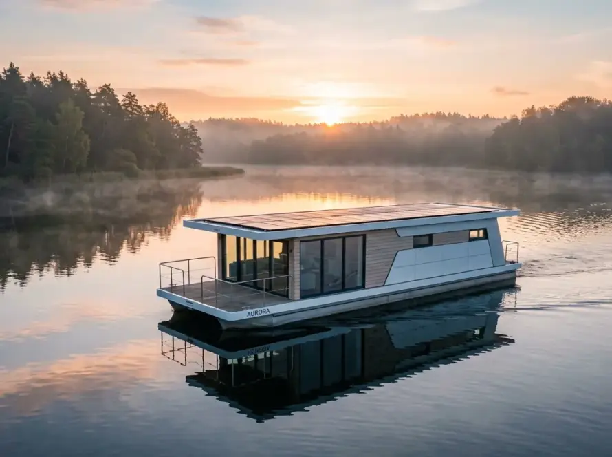 Solargetriebenes modernes Hausboot auf ruhigem See im Sonnenaufgang