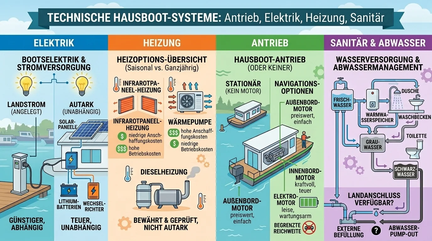 Infografik zu technischen Hausboot-Systemen: Übersicht der Bereiche Elektrik, Heizung, Antrieb sowie Sanitär & Abwasser für die Planung.