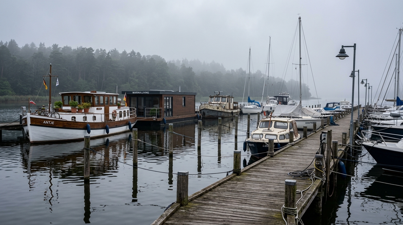 Marina mit Holzsteganlage und mehreren Hausbooten an einem deutschen Binnensee