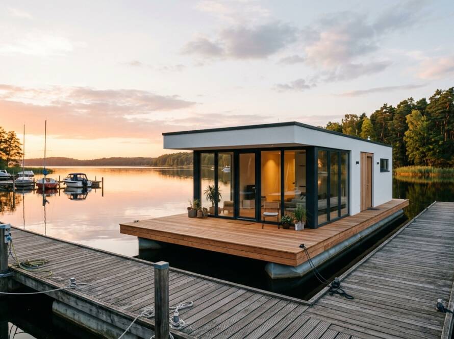 Modernes Hausboot mit Glasfassade und Holzdeck an einem Steg im Sonnenuntergang