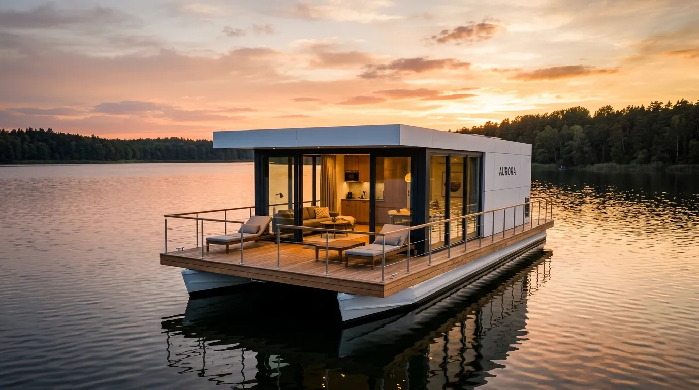 Luxus-Katamaran-Hausboot mit Glasfront und Holzterrasse auf ruhigem See im Sonnenuntergang
