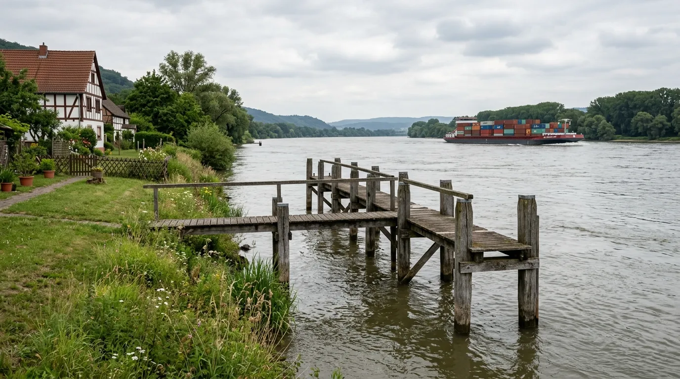 Private Steganlage am Rheinufer mit Holzpfählen und Bootssteg