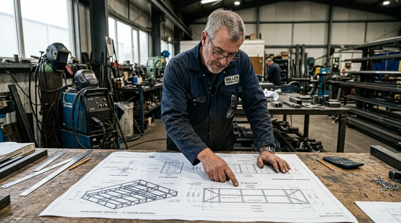 Konstrukteur prüft 3D-Bauzeichnungen für ein Hausboot auf Stahlpontons im Werkstattbüro