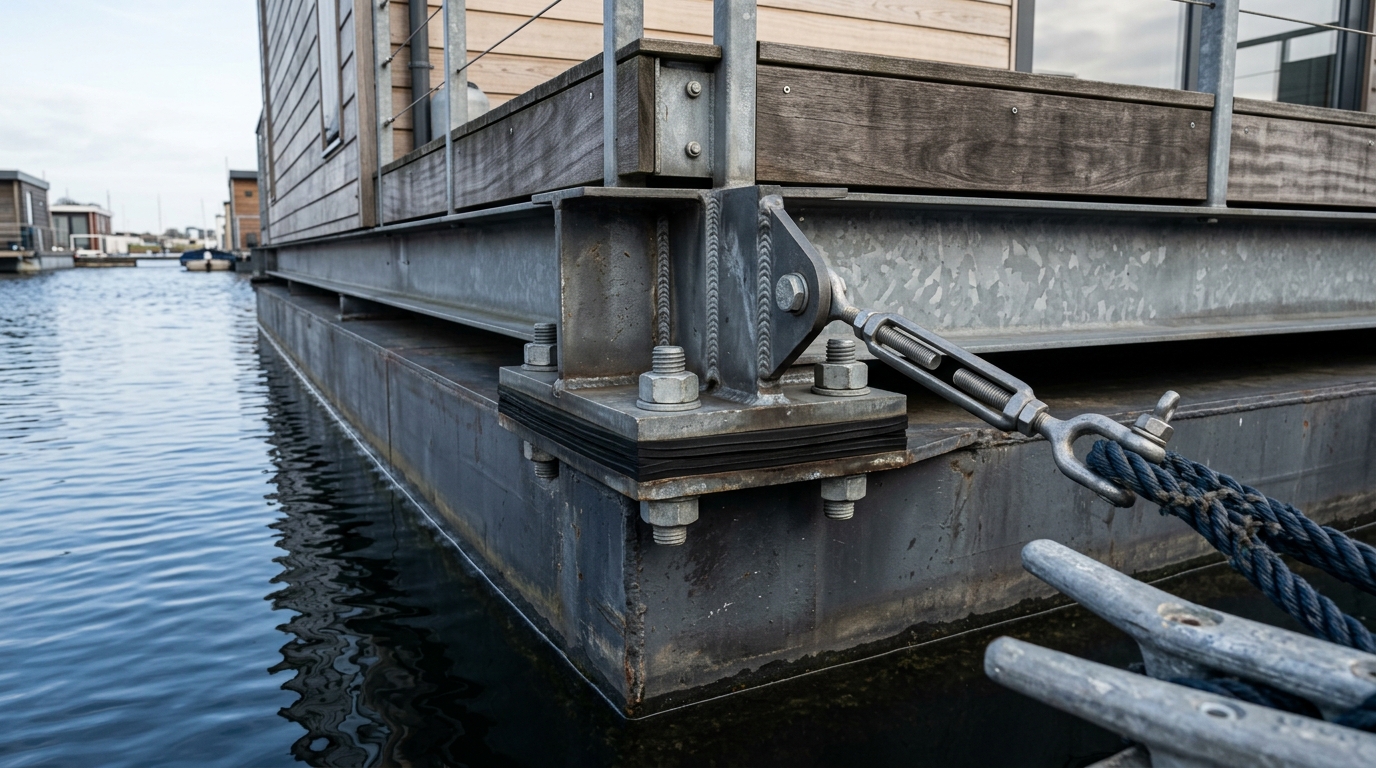 Stahl-Stützkonstruktion und Ponton-Verbindung bei schwimmender Architektur