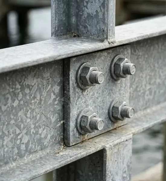Detail einer feuerverzinkten Stahlkonstruktion mit Schraubverbindungen an einer Steganlage
