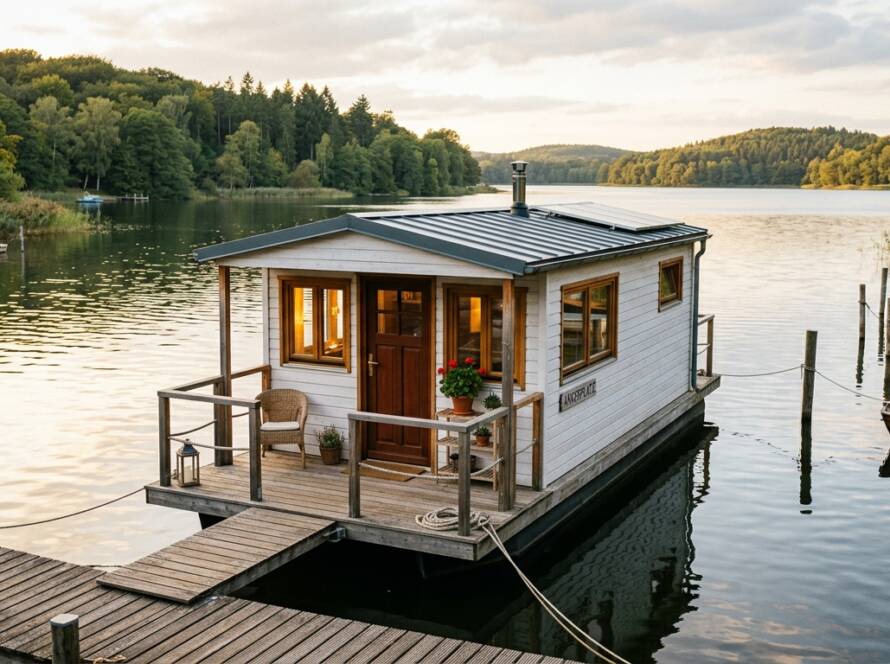 Kompaktes Tiny Hausboot auf dem ruhigen See im Sonnenuntergang