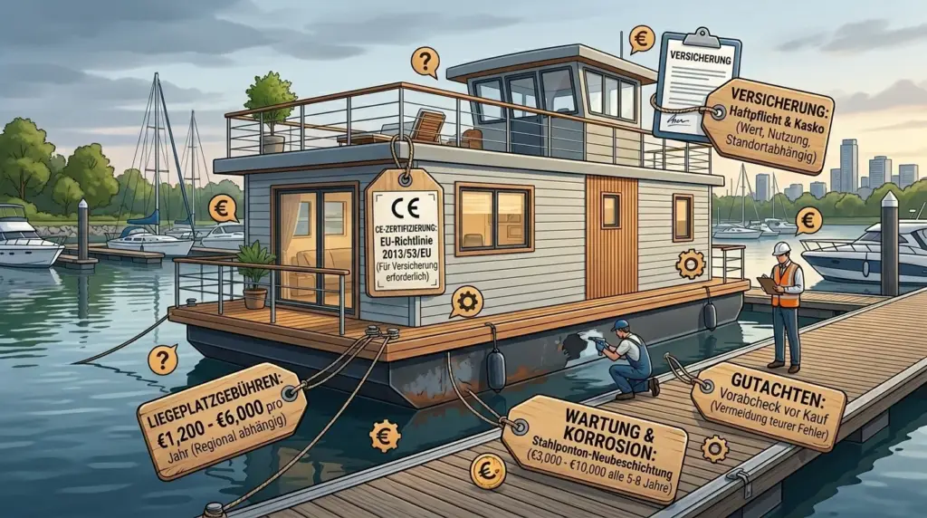Infografik zu versteckten Hausboot-Kosten: Liegeplatzgebühren, Versicherung, CE-Zertifizierung, Wartung gegen Korrosion und Gutachten.